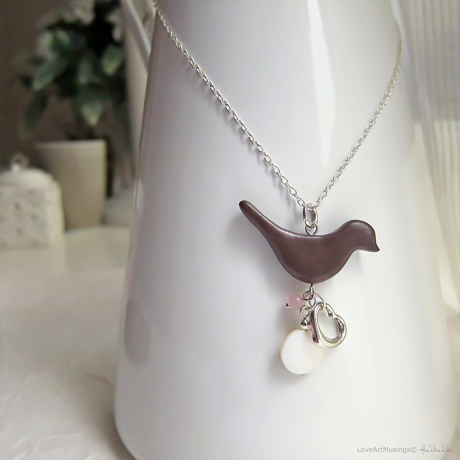 Deep Lilac Bird Silhouette Pendant with Cluster Charms Long Necklace - Bird Necklace, Swallow, Nature Inspired, Polymer Clay Necklace