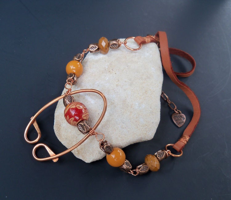 Copper necklace, copper pendant, necklace, copper, leather and bead chain