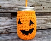 Halloween Mason Jar Sipper with Pumpkin Cozy  (16 oz)
