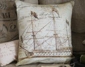 Vintage French Nautical Ship Postal Document Burlap Cotton Throw Pillow Cover - Ships FREE to US and Canada