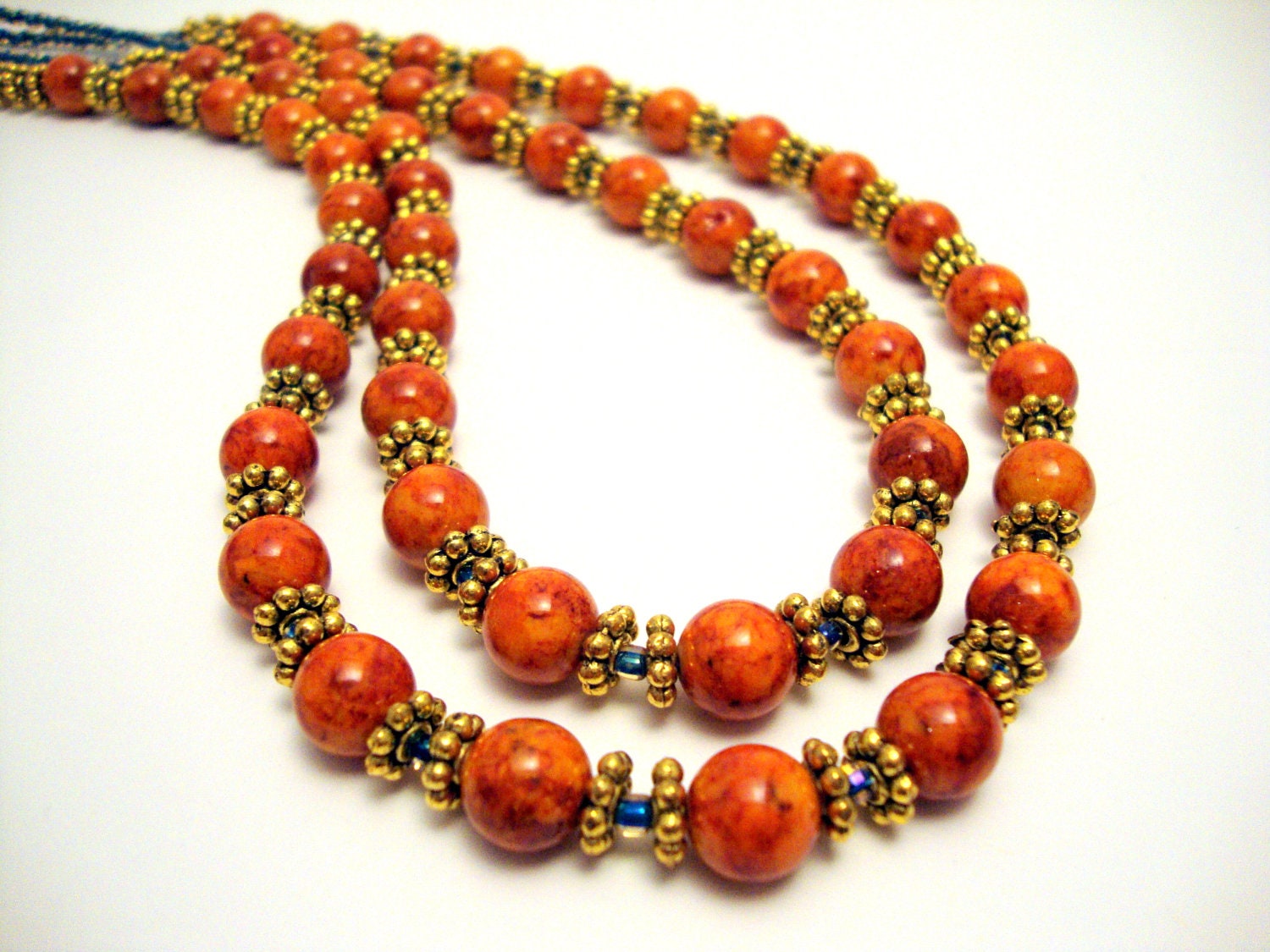 Orange Gemstone Necklace, Blue and Orange Beaded Necklace, Gold Tone Beaded Necklace