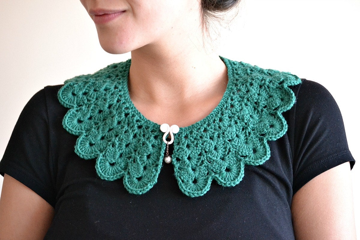Midnight green - eco friendly lace UK crochet collar with white ceramic spiral pearl brooch - emerald green Etsy UK