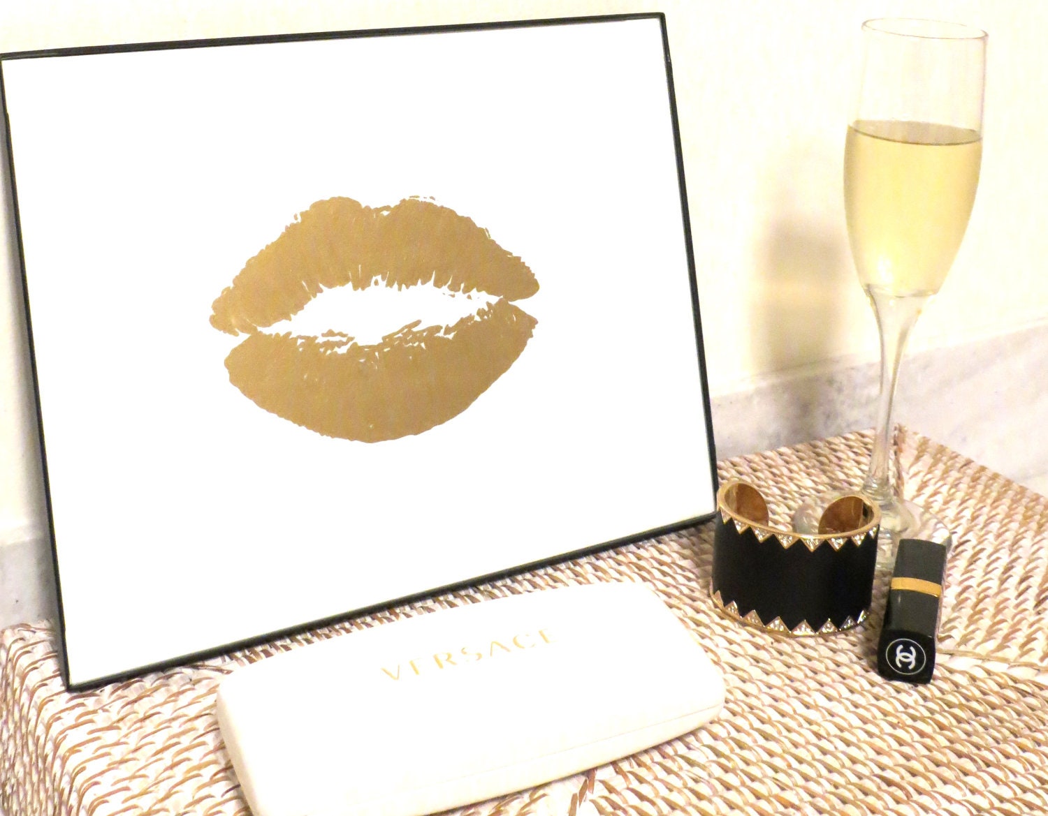 Art Gold Print 24K Lip Kiss Stylish Gold and White Painting by Jennifer Latimer