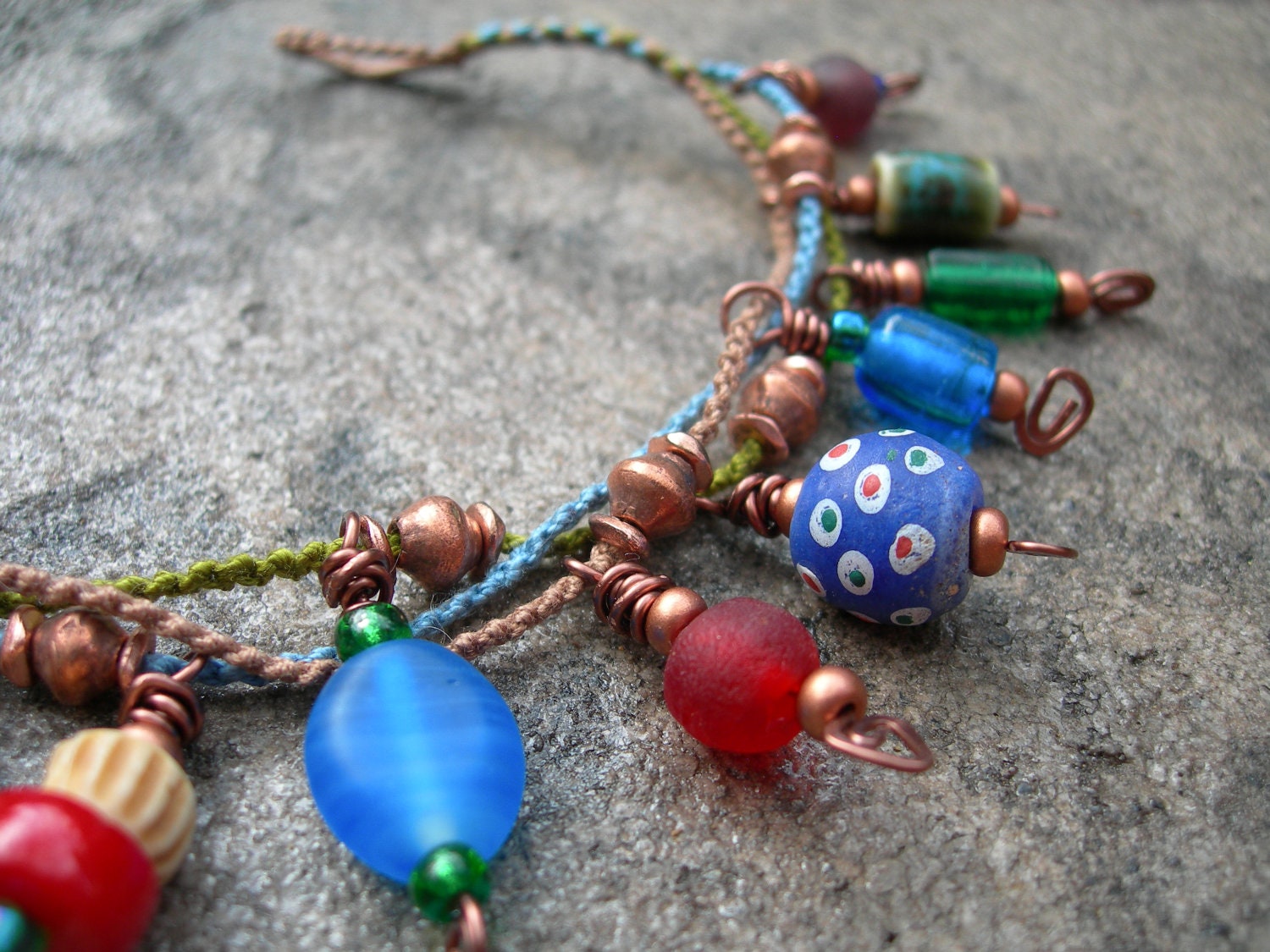 Boho Macrame Bracelet, Beaded Charm Bracelet,  Copper Wire Wrapped Beads Bracelet