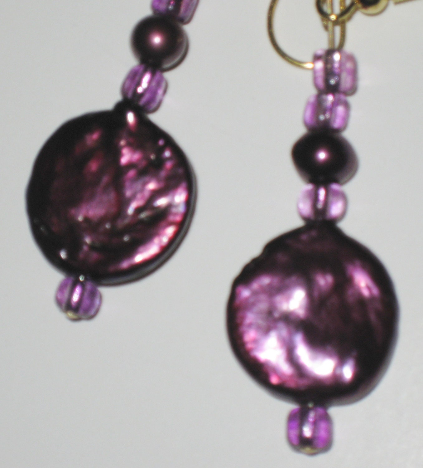 Fresh Water Pearl Earrings, burgundy coin shape pearls. Graduation Gift. PROM. Handcrafted beadwork jewelry.  J120501