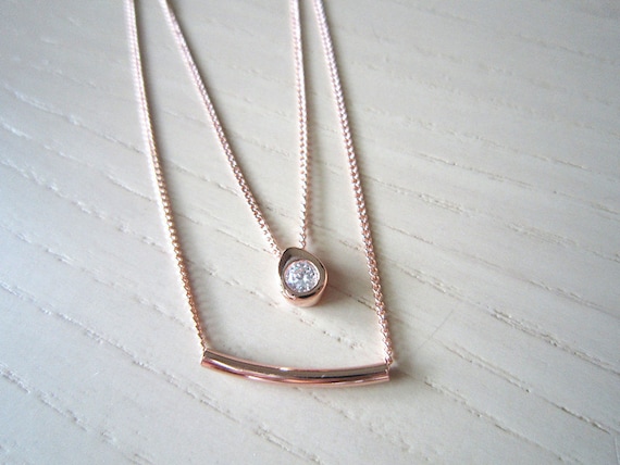 rose gold Stick with rainrope necklace-rose gold necklace-double rose gold necklace