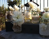 RUSTIC WEDDING DECOR. 15 Bulk Burlap Lace Mason Jars for wedding reception/ceremony decor. Head Table Decor, Wedding Centerpieces Wholesale