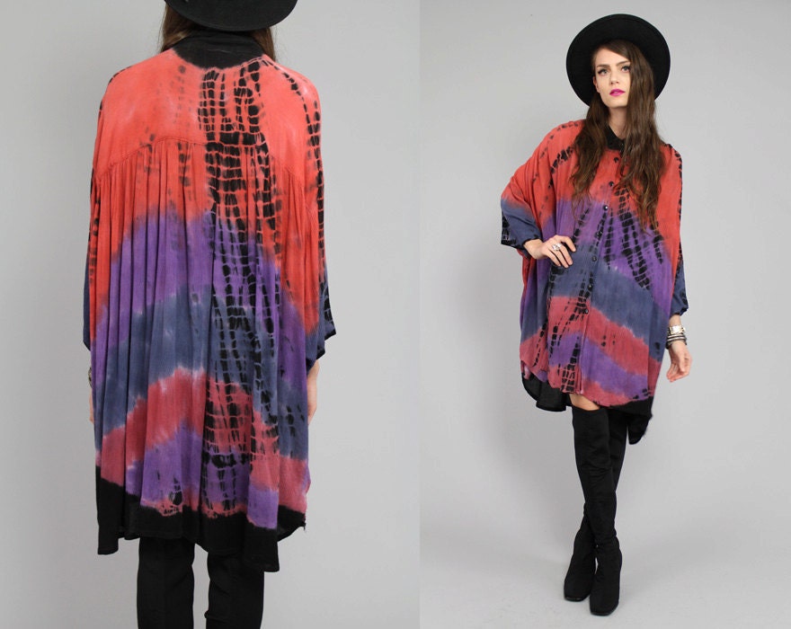Vtg 80s Tie Dye Ombre Button Up Drape Dolman Duster Jacket Mini Dress OS