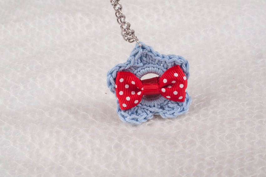 For Fashion Lovers - Light Blue Crochet Flower with a Red Dotted Bow Tie On a Silver Chain.