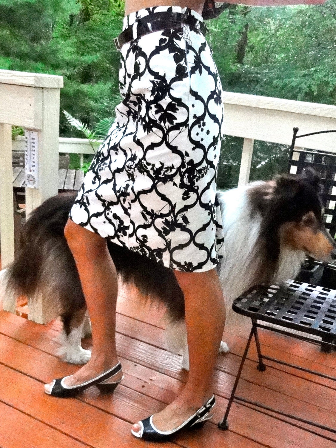 Pencil Skirt - Black and White Flower Vintage Print - Cotton Skirt
