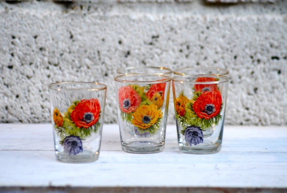 Vintage Shot Glasses set of 5 Retro Poppy Flower design Autumn Poppies Yellow Gold Orange
