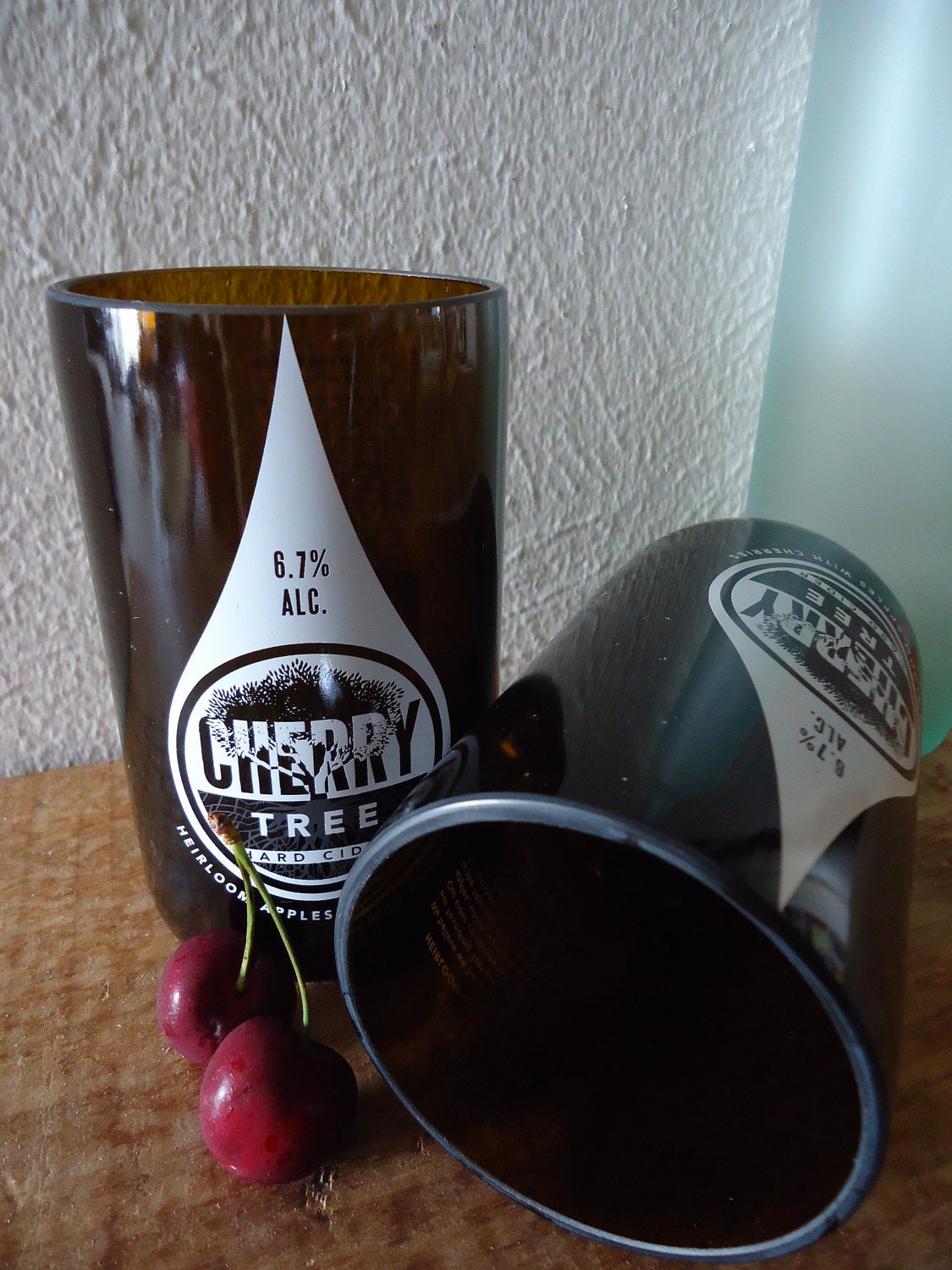 Recycled Beer Bottle Glasses made from Cherry Tree Hard Cider Bottles Set of 2
