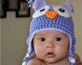Lavender Owl Earflap Handmade Custom Crochet Beanie Hat Newborn Baby Photo Prop