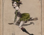 5x7 Steampunk witch pin-up illustration digital art lustre print