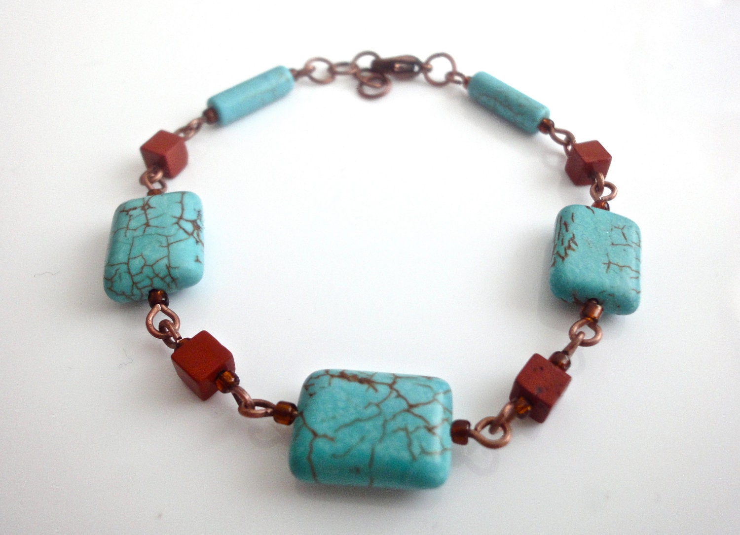 Turquoise bracelet - Turquoise rectangular beads and Red Jasper cube beads - semi precious stones