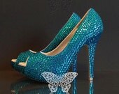 Peacock Blue Luxury Crystal Peep Toe Platform Heels