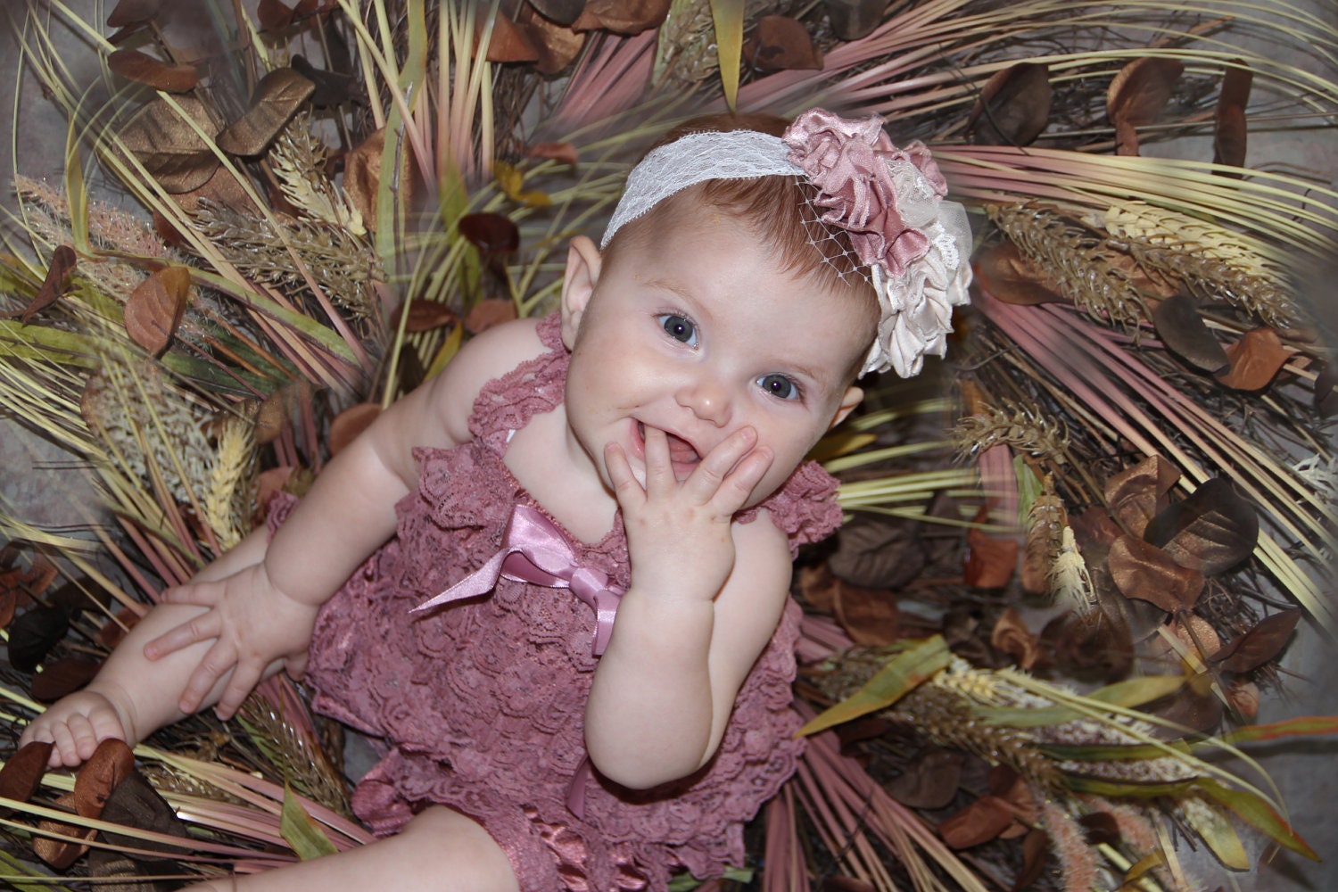 Headband AND Dusty Rose Ruffled Lace Petti Romper Set - Mix and Match Colors - Matching Shabby Chic Headband - Toddler, Baby, Girl, Child