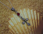 Silver Cross Necklace, Silver Leaf Cross, Ruby Swarovski Crystal, Leaf Bail, Crucifix, Religious Necklace, Birthstone Crystals, Silver Cross