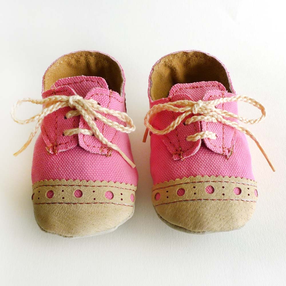 Baby Girl Shoes Bright Pink Canvas with Brogued Beige Leather Crib shoes