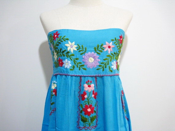Mexican Embroidered Sundress Strapless in Blue