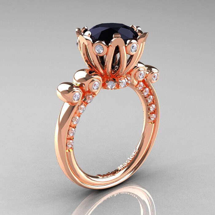 French Antique 14K Rose Gold 3.0 CT Black and White Diamond Solitaire Wedding Ring Y235-14KRGDBD
