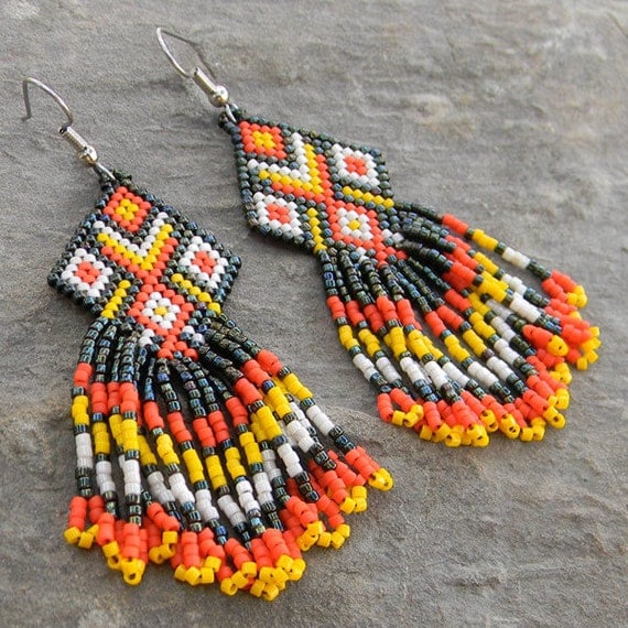 Colorful Native American Style Seed Bead Earrings in orange, yellow, dark green  and beige tones