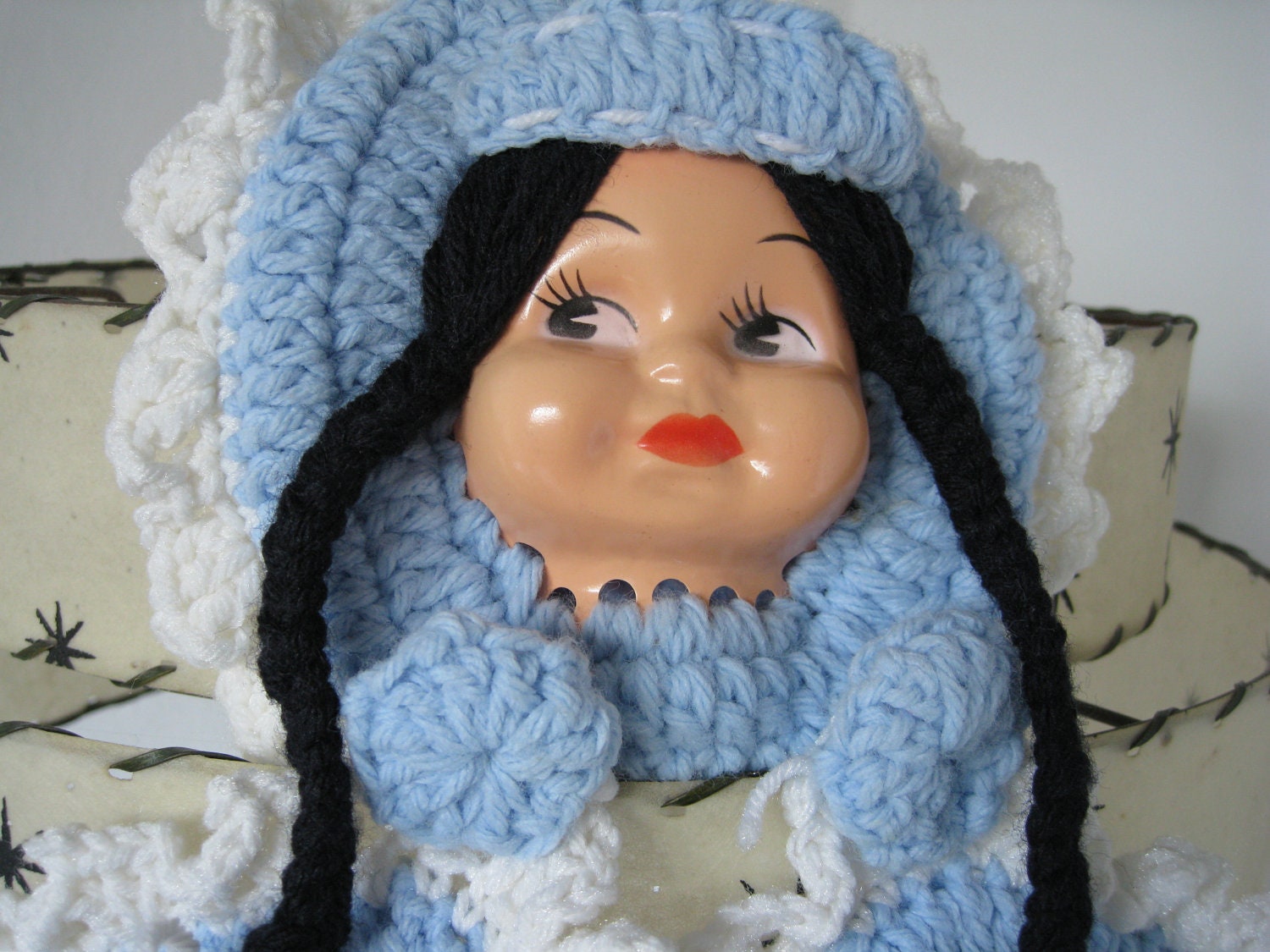 Hey, Dollface - Crochet Potholder with Plastic Doll Face