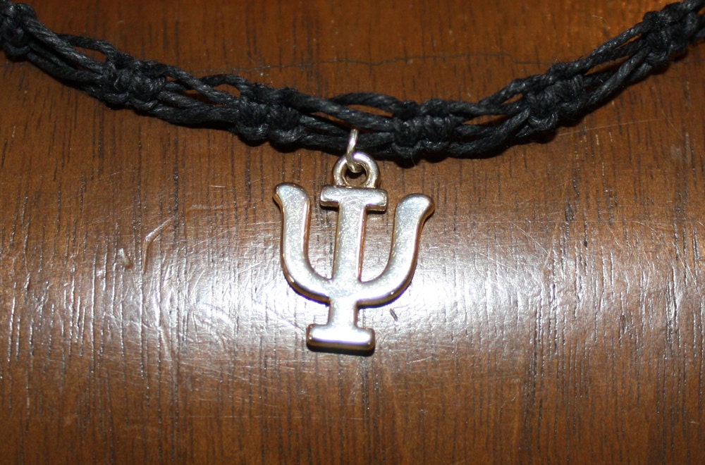 Greek Psi Silver Metal Charm - Black Hemp Choker Necklace - Switchback Knot - Women Teen Kid Girl Child Men Boy