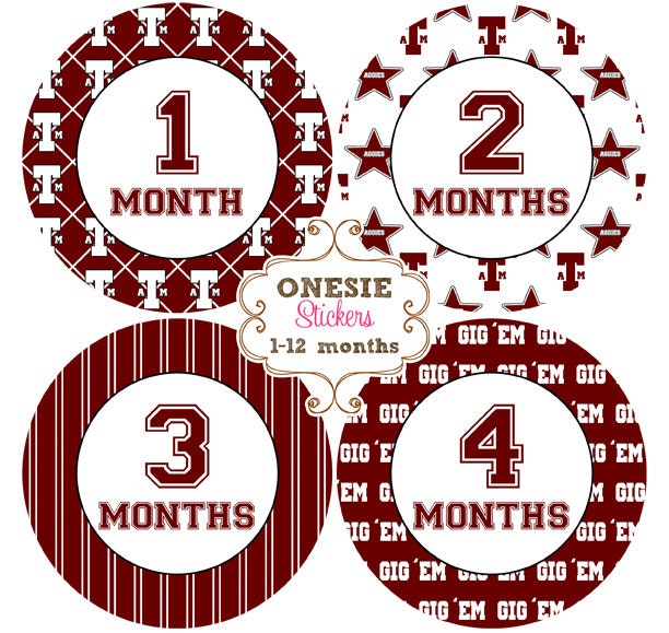 Monthly Onesie Stickers, Photo Prop, Baby Shower Gift, Boy or Girl, Gender Neutral - Aggie Inspired