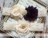 Eggplant Purple Wedding Garter - Bridal Garter and Toss Garter -  Rhinestone and Pearl