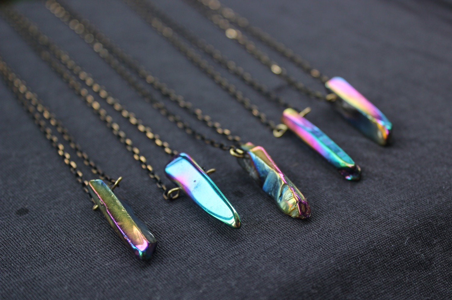 crystal necklace raw Peacock Titanium Quartz  crystal Point necklace -Rainbow Aura Quartz Point necklace