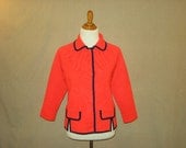 Vintage 1960s Knits by Tally Red Button-Up Sweater Jacket with Navy Blue Trim