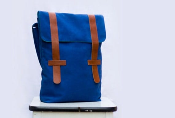 Blue Bag with brown leather, green lining, handmade - Peter