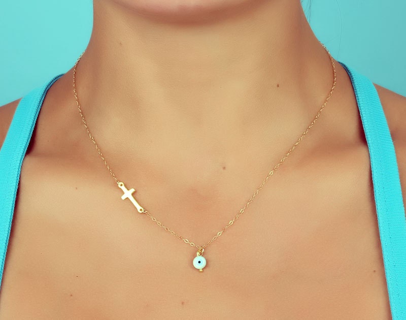 Evil eye necklace, protection necklace, sideways cross necklace, 14k gold filled necklace, gold cross pendant, faith necklace, "Stilbe"