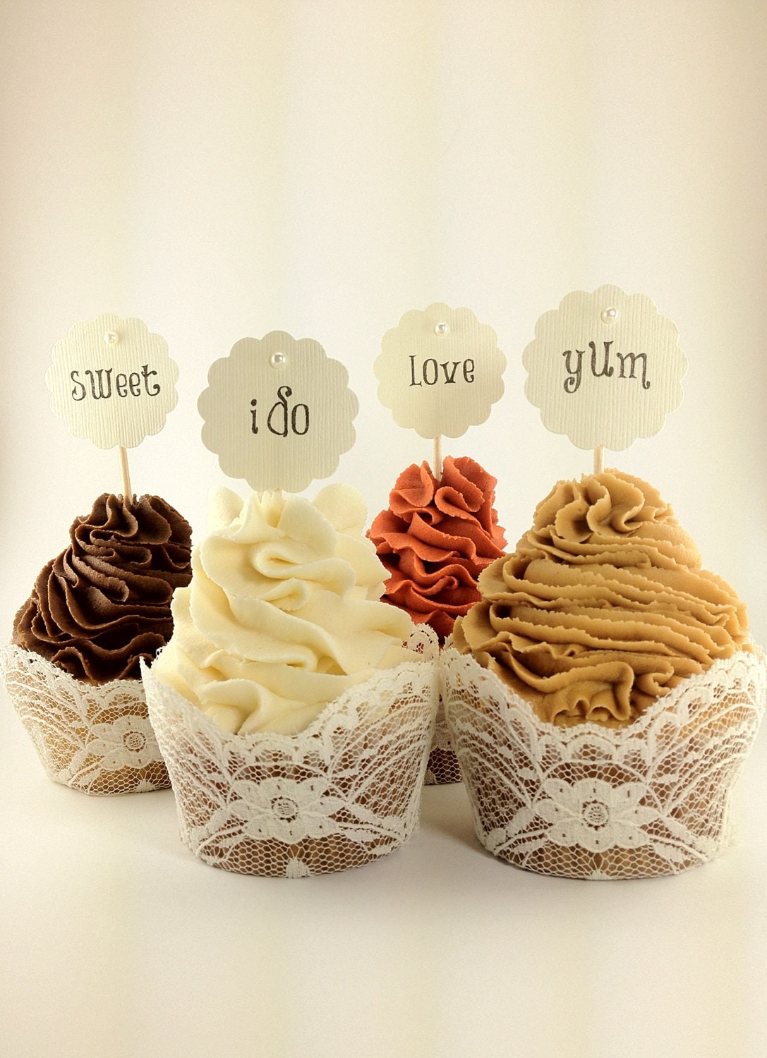 Sweet & Simple Pearl Cupcake toppers - Sweet, Yum, I do, Love - Wedding, Bridal Shower or custom birthday, tea party , etc.