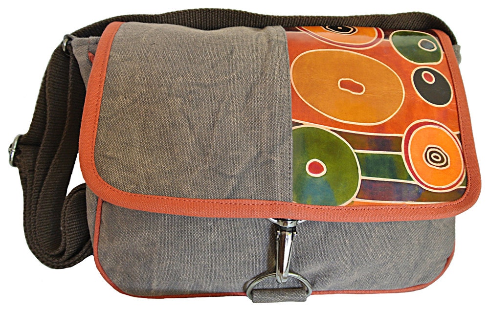 Artsy Unique Washed Brown Messenger Bag Canvas with Genuine Leather Pumpkin Orange Red Green Colorful Motifs