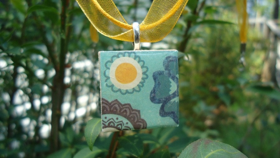 Bright Blue with Sun & Flower, Unique Tile Pendant Necklace
