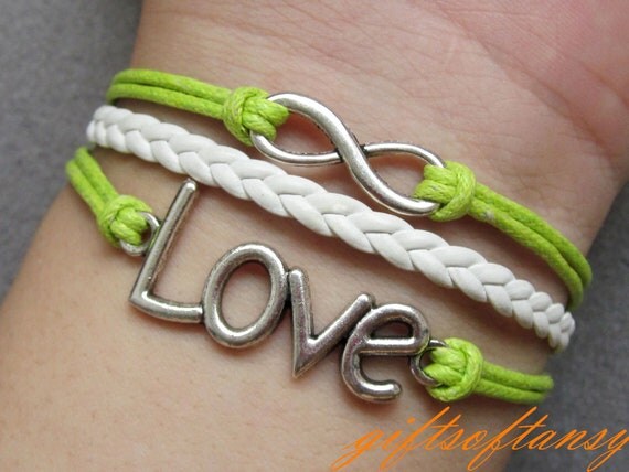 Karma Bracelet - Silver Infinity Bracelet, Silver Love Bracelet , Green Wax Cords & White Leather Braid Chain-W238