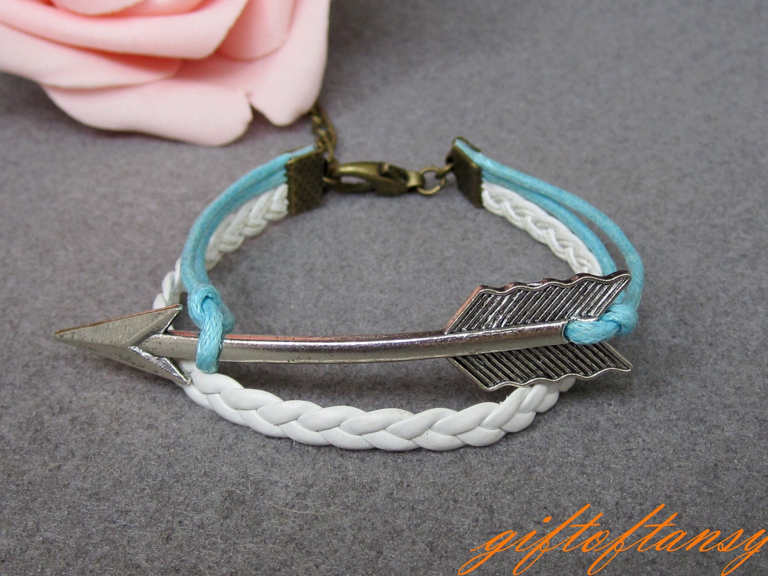Arrow Bracelet - Sliver Arrow Bracelet, White Leather Braid Bracelet, Inspired by Katniss's Arrow of Hunger Games - J211