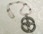 Pink Glass Bead Necklace with Silver Flower Pendant