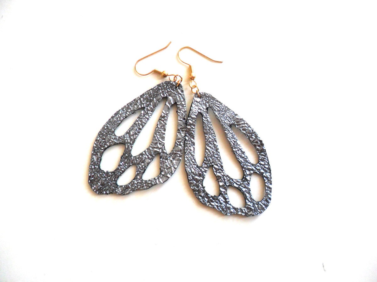 Silver leather butterfly wing earrings
