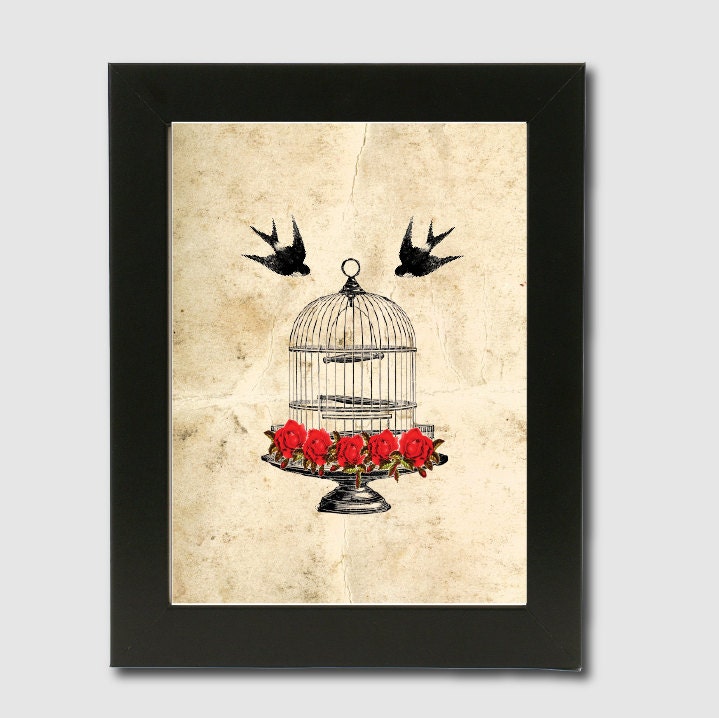 8x10 Vintage Birdcage and Roses Digital Art Print Il_570xn