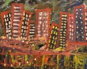 Original Cityscape Abstract Painting Bridge Buildings Lights Night Time Cars Skyscrapers Modern Wall Decor Handmade Artwork