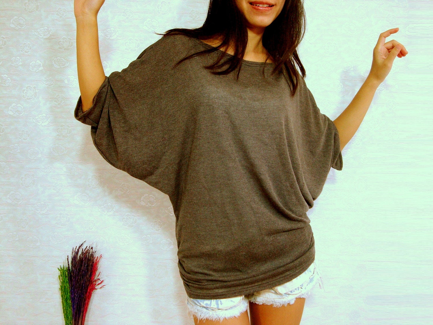 Chocolate Dark Brown Shirt - Women Shirt - Oversized Tee / Batwing Tee / Poncho Sleeve - Women Casual Comfy Top /  Dolman Sleeves Tee