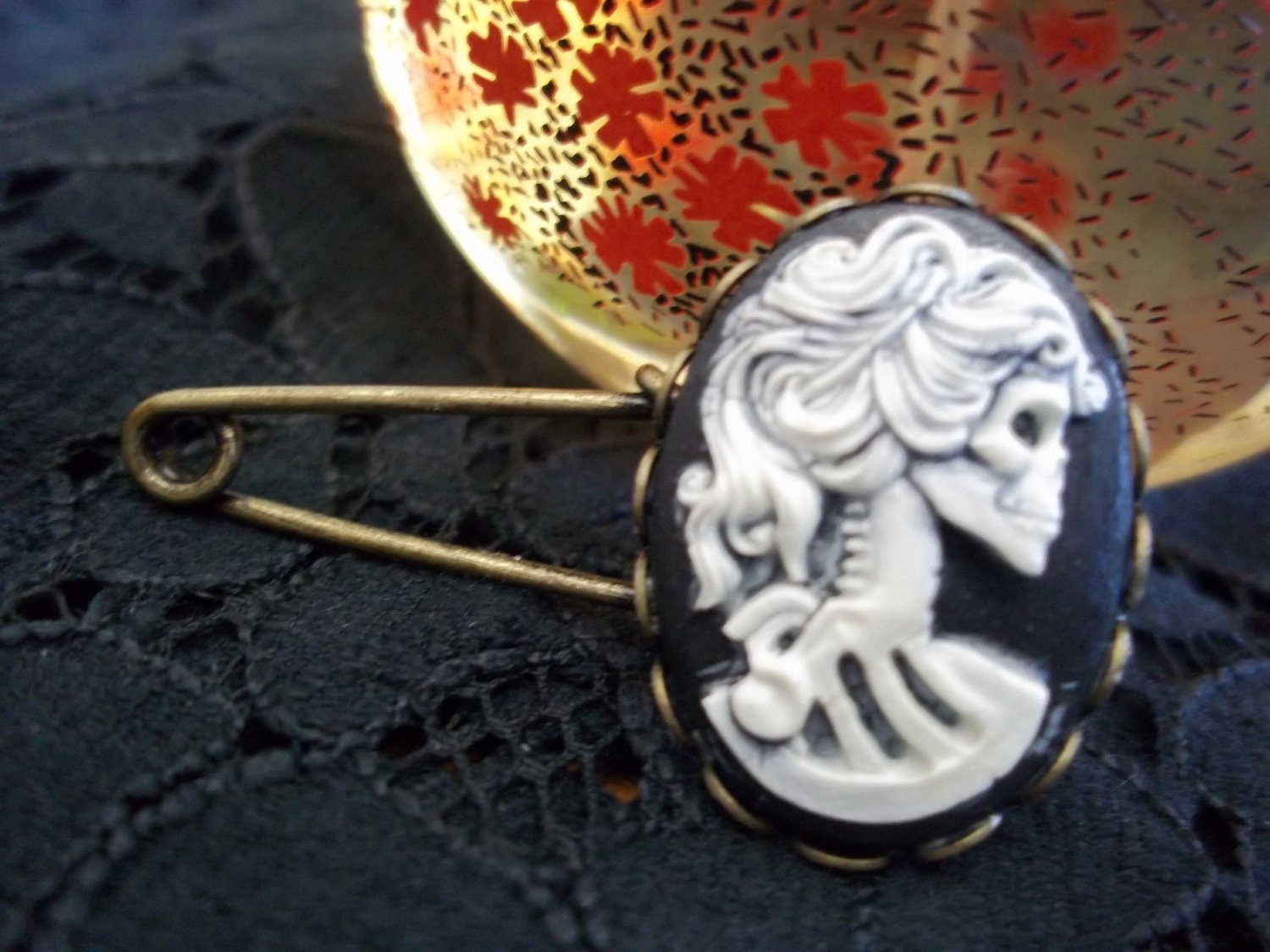 Handmade Black Skeleton Girl Cameo Safety Pin Style Brooch