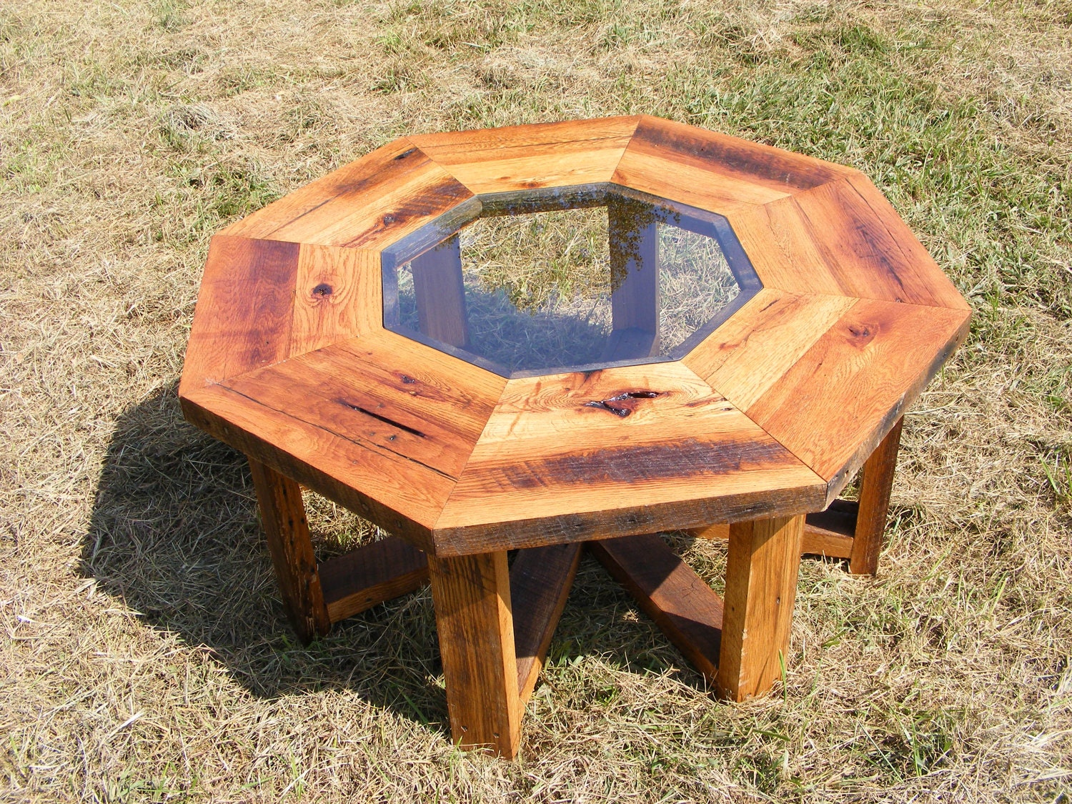 38" Round Octagon Reclaimed Repurposed Barnwood Coffee Table w/glass center