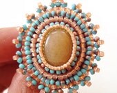 40% OFF SALE - Pretty in Pastel: Bead embroidered cocktail ring with gemstone cabochon and seed beads