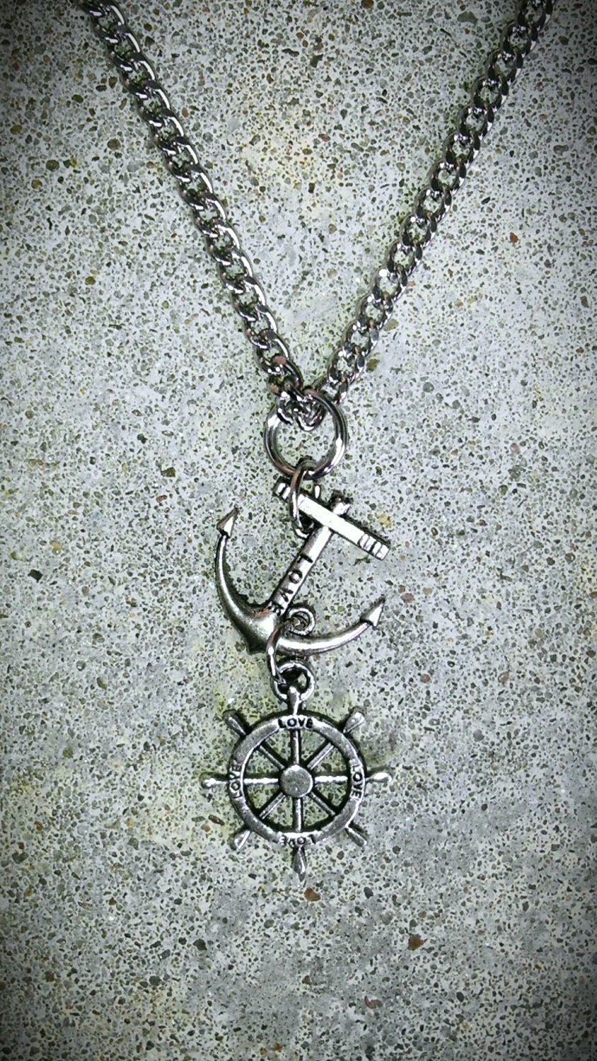 NAUTICAL ANCHOR WHEEL Sailboat Boat Necklace silver tone curb link chain jewelry dangle drop pendant charm men women fashion