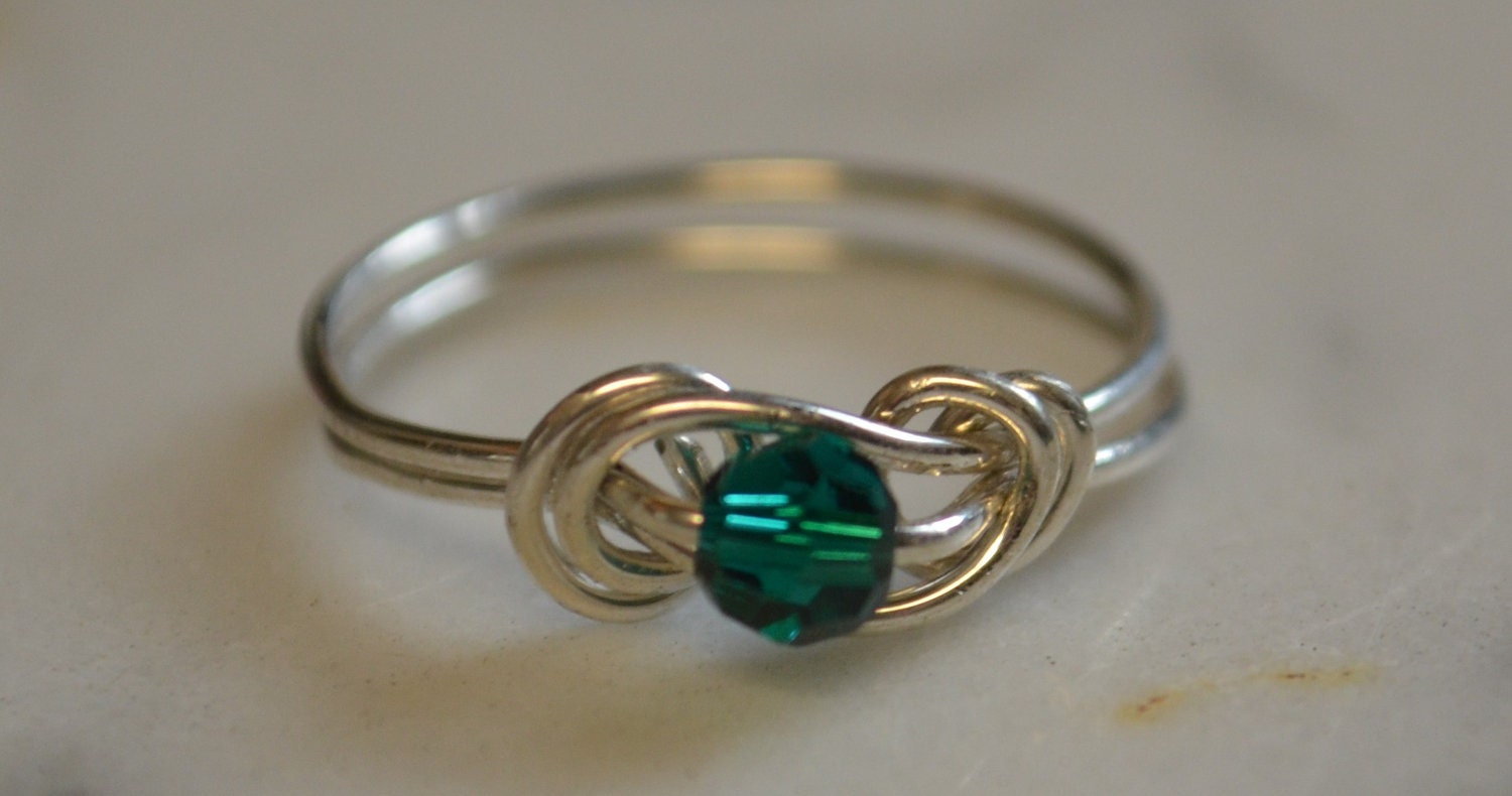 Emerald love knot ring sterling silver wire handmade with Swarovski crystal May birthstone Jewelry made to order