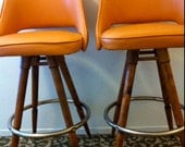 MID CENTURY PAIR orange naugahyde vinyl wood barstool Calorator Danish Eames era mod Mad Men chair dowel legs